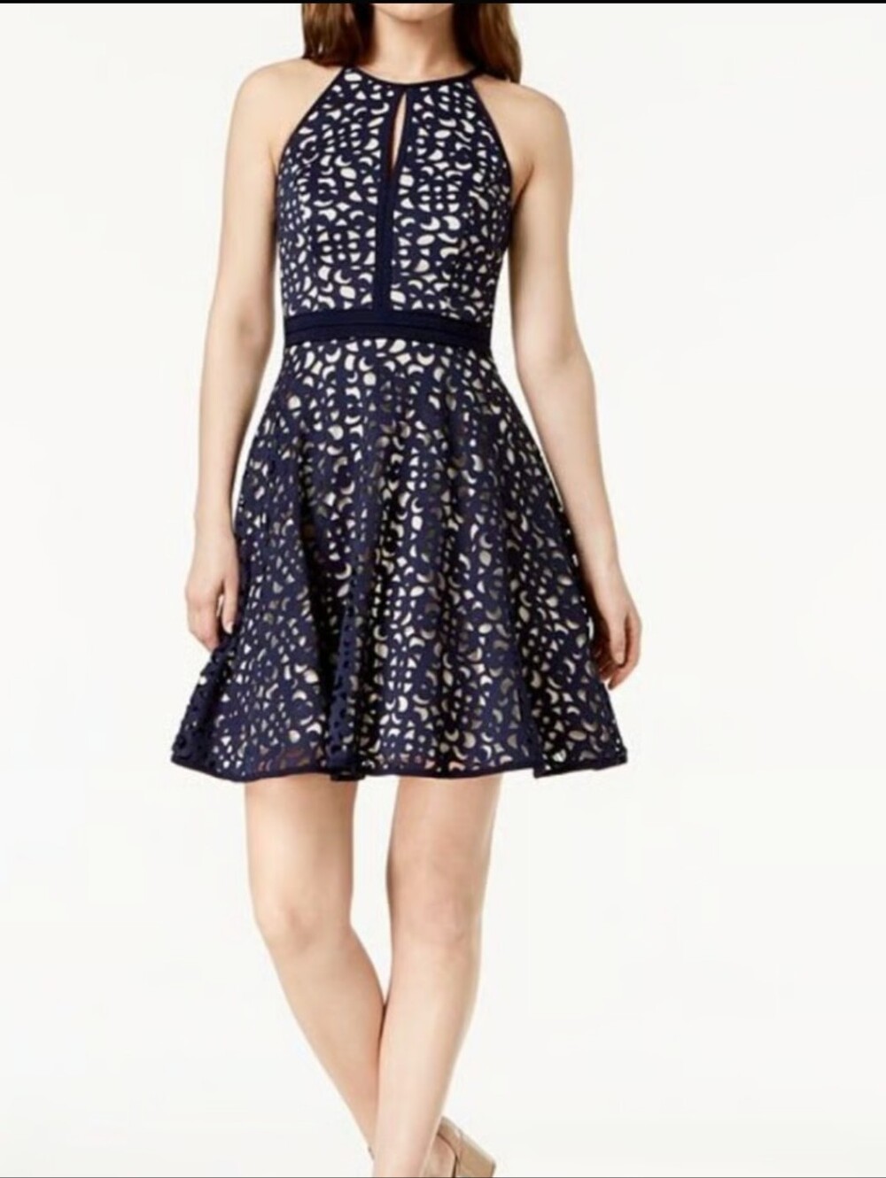 X by Xscape Blue Lace A-Line Dress 6 V-Neck Sleeveless Knee Lined XC155
